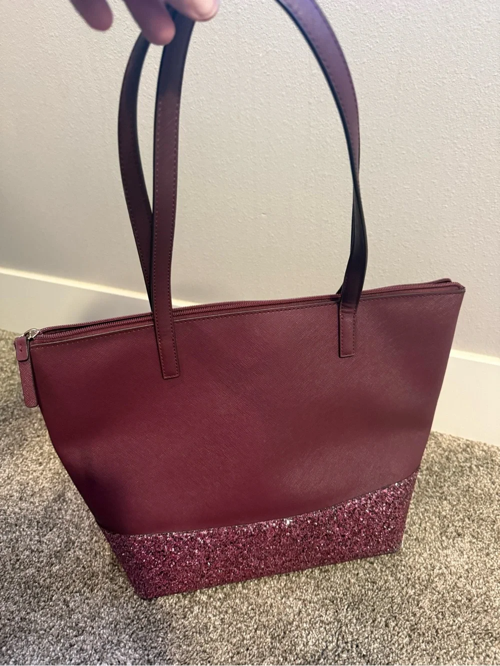 kate spade burgundy tote with pink glitter base